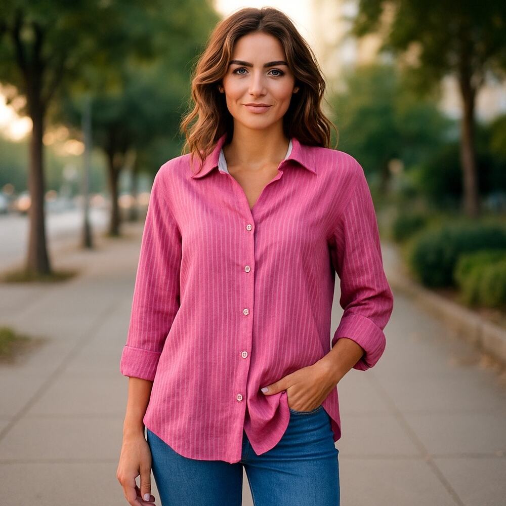 Stone Rose Dress Shirt Flip Cuff Pink Striped Long Sleeve women’s Size 2 Small